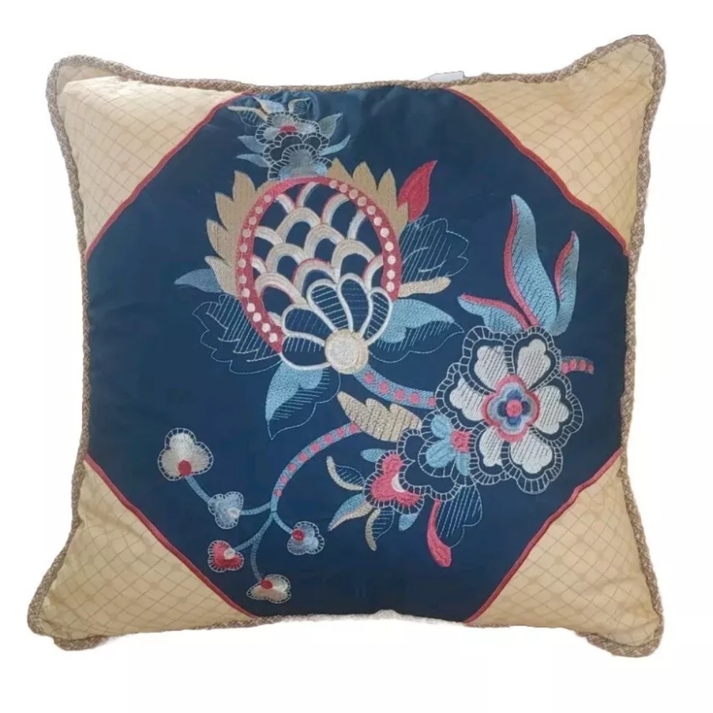 Waverly Rhapsody Jewel Blue Tapestry Throw Pillow Embrodiered Pailsey Floral 19"